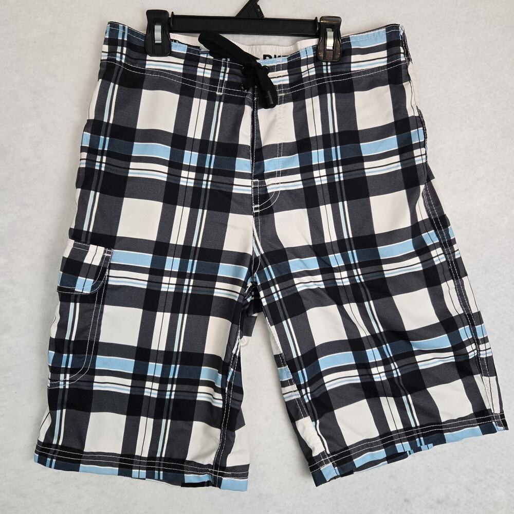 Mens BKE Sport 30 x 11" Gray / Blue Plaid Athletic Fit Tie Front Boardshorts